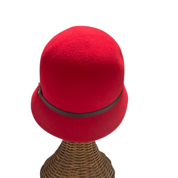 Red Wool Cloche Hat Black Faux Leather Band & Silver Bit Accent Bucket Hat - Picture 5 of 10